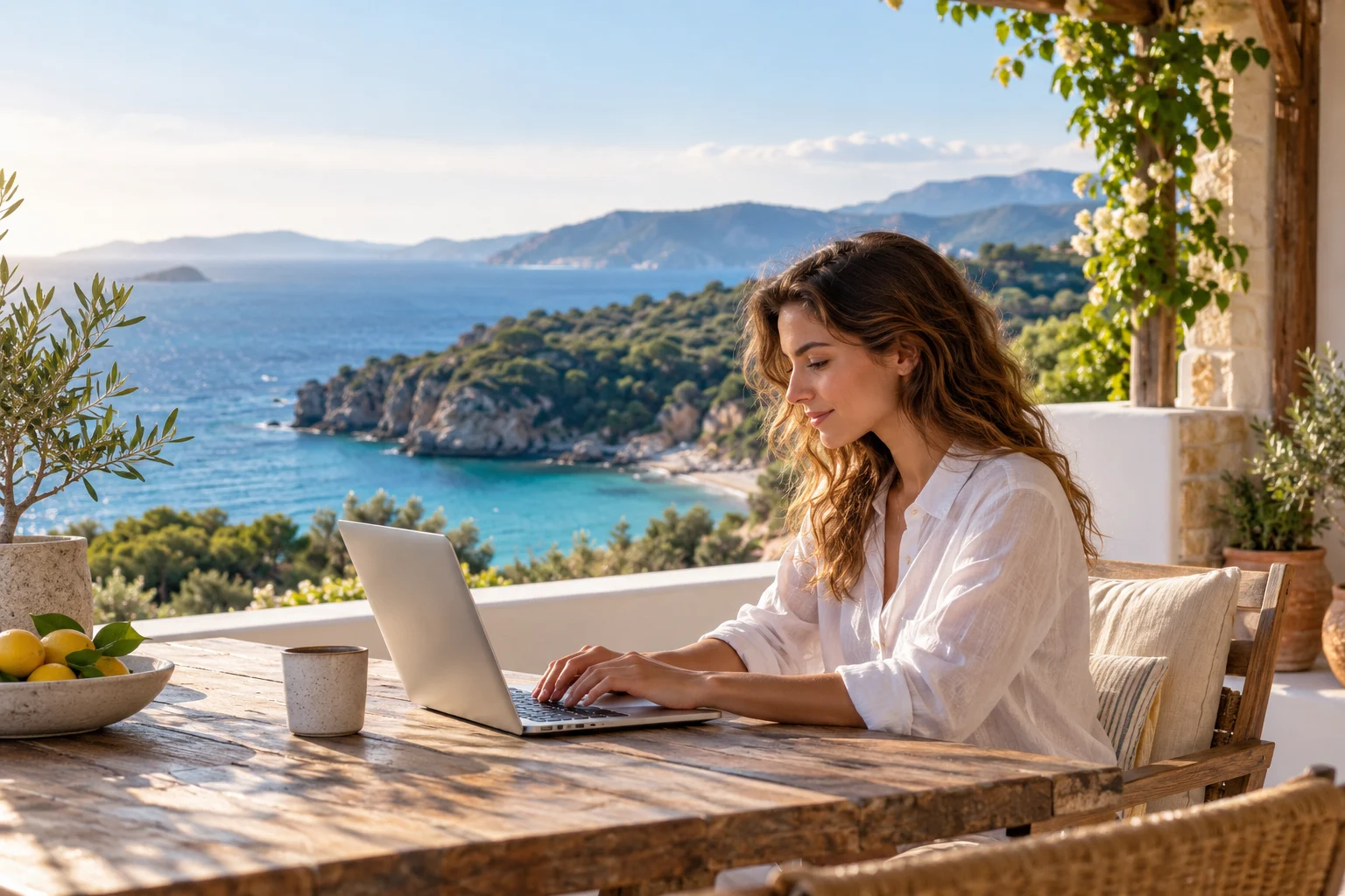 Εργασία σε laptop από μία φωτεινή βεράντα με θέα στη θάλασσα
